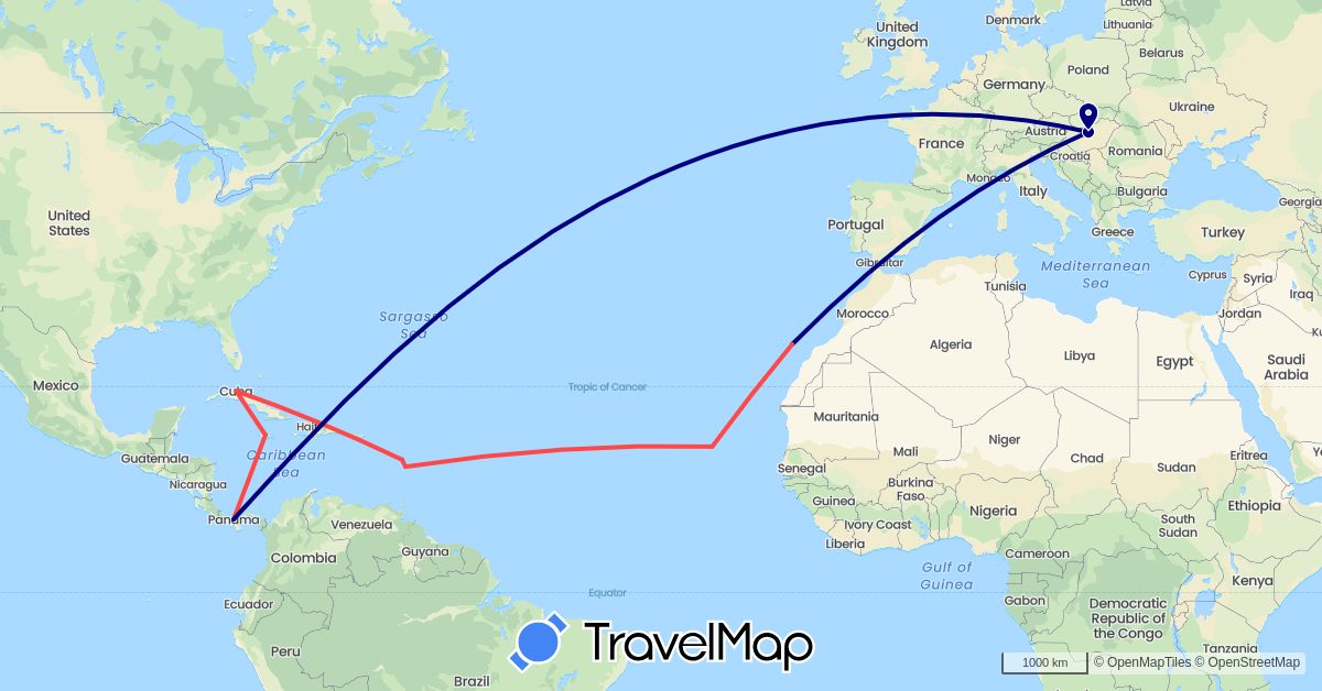 TravelMap itinerary: driving, hiking in Cuba, Cape Verde, Dominica, Spain, France, Hungary, Jamaica, Panama (Africa, Europe, North America)